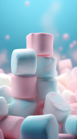 3d render of pink and blue marshmallows on blue backgroundの素材
