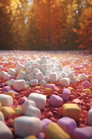 3d illustration of white and pink marshmallows in autumn forestの素材