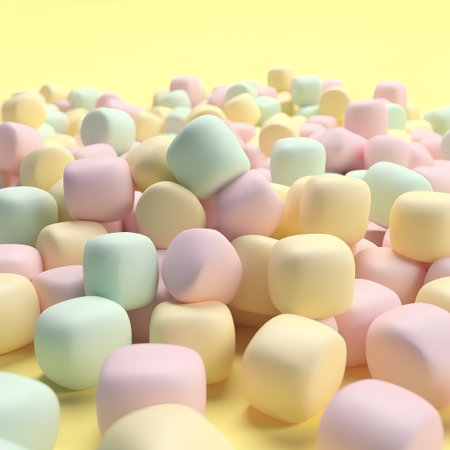 Sweet marshmallows in pastel colors on yellow background. 3d renderの素材