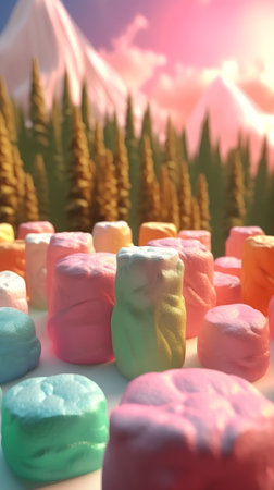 Colorful marshmallows on a background of the forest and mountainsの素材