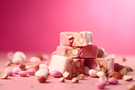 Delicious nougat candies on pink background, closeupの素材