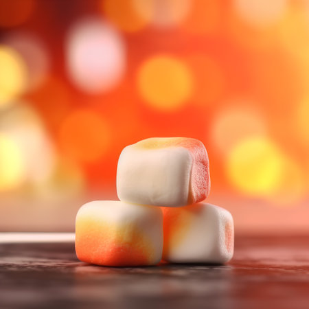 Sweet marshmallows on a wooden table with blurred bokeh backgroundの素材