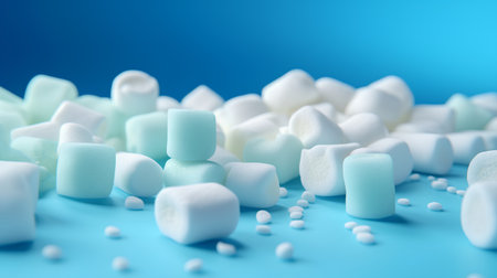 Marshmallows on blue background. Close-up. 3d renderingの素材