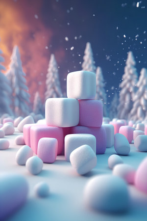 Pile of marshmallows in the snow. 3d renderingの素材