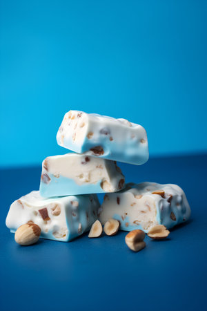 White and blue chocolate candies with nuts on a blue background.の素材
