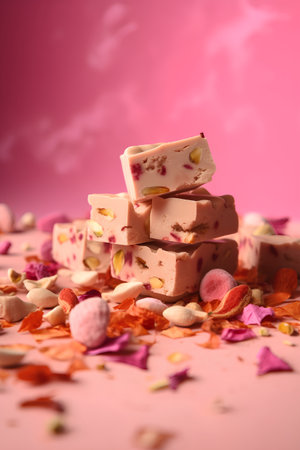 Delicious nougat with nuts and flower petals on pink backgroundの素材