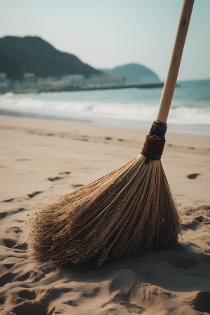 Broom on the sand with sea and mountain in the background.の素材