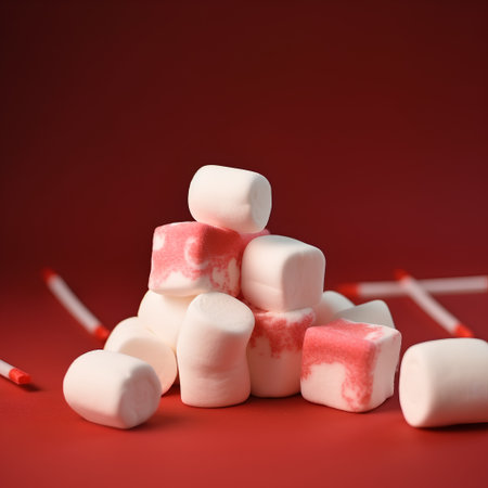White marshmallows on a red background. Christmas or New Year concept.の素材