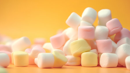 Sweet marshmallows on yellow background. Shallow depth of fieldの素材