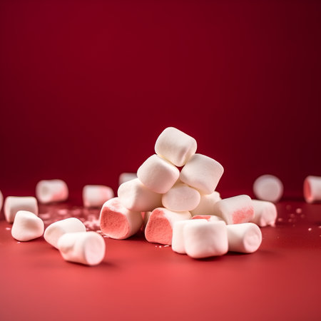 Sweet marshmallows on red background. Copy space for your text.の素材