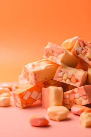 Close up of delicious caramel candies on orange background with copy spaceの素材