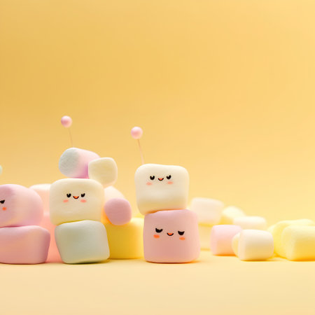 Cute marshmallows on yellow background. Minimal food concept.の素材