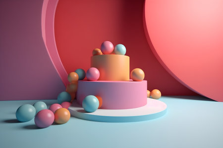 3d render of abstract background with podium and pastel color ballsの素材