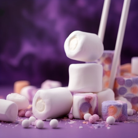 sweet marshmallows with candies on purple background, selective focusの素材