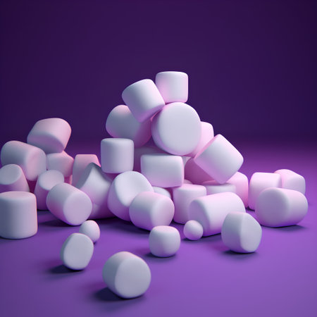 Pile of white and pink marshmallows on purple background. 3D renderingの素材