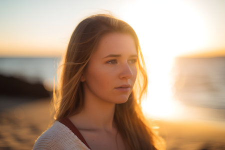 Portrait of a beautiful young woman on the beach at sunset.の素材
