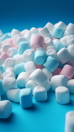 Sweet marshmallows on blue background, close up, square formatの素材