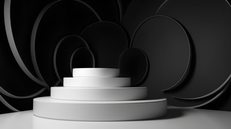 3d render of white podium on black background. Abstract background.の素材