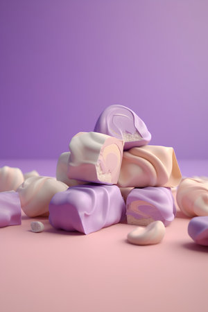 3D rendering of a lot of sweet marshmallows on a purple backgroundの素材