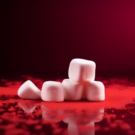 Marshmallows on a red background with bokeh effect.の素材