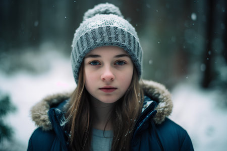 Portrait of a young girl in a winter forest. Snowfall.の素材