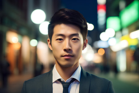 Portrait of a young asian businessman in the city at nightの素材