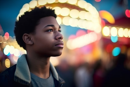 Portrait of young african american man in the city at nightの素材