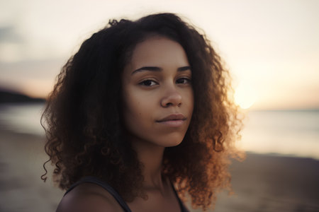 Portrait of a beautiful young african american woman on the beach at sunsetの素材