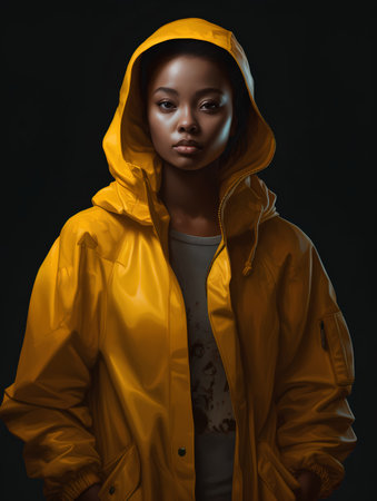 Young african american woman in yellow raincoat on black backgroundの素材