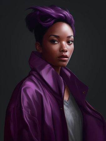 Beautiful african american woman with purple hair and violet coatの素材