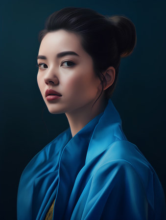 Beautiful asian woman with blue kimono on dark backgroundの素材