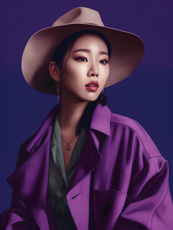 Portrait of a beautiful asian woman in purple coat and hat.の素材