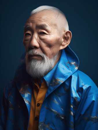 Portrait of an old man with a white beard in a blue jacketの素材