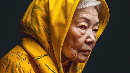 Portrait of an elderly woman in a yellow scarf on a black backgroundの素材