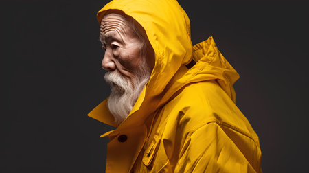 Portrait of an old man in a yellow raincoat on a dark backgroundの素材
