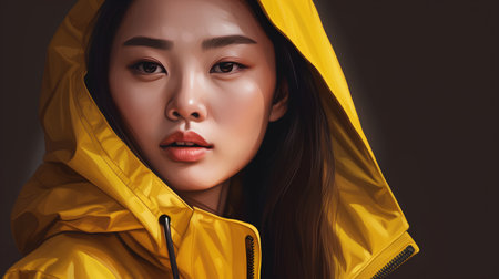 Young woman in yellow raincoat. Portrait of asian girl.の素材