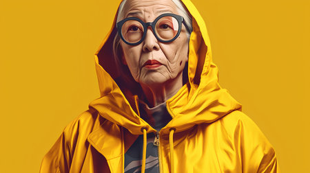 Portrait of an elderly woman in a yellow raincoat and glasses on a yellow backgroundの素材