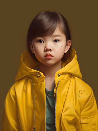 Portrait of sad little girl in yellow raincoat on dark backgroundの素材