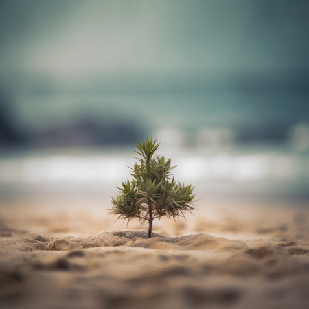 A lonely tree on the beach with the sea in the background.の素材