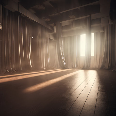 3d rendering of an empty room with curtains and a wooden floorの素材