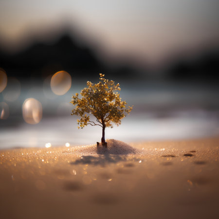 Tree in the sand with bokeh background. 3d renderingの素材