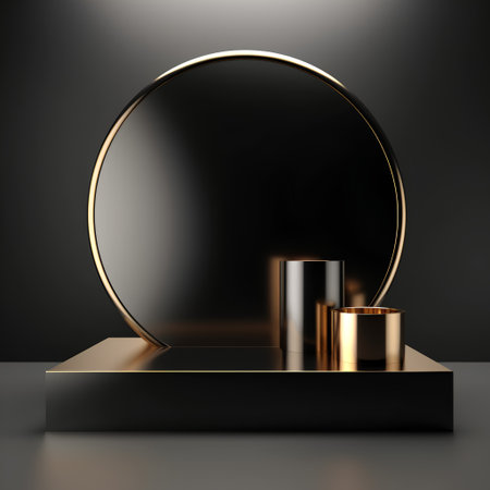 3d render, abstract geometric forms, black and golden podium for product displayの素材
