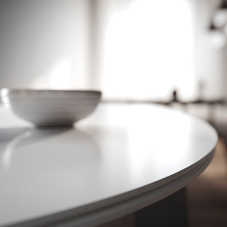 Empty white table in modern kitchen, blurred background. 3D renderingの素材