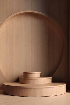 3d render of wooden pedestal with round podium on wooden backgroundの素材