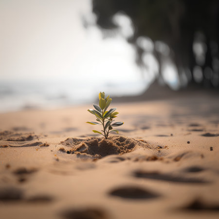 Small tree growing on the sand beach at sunset. Ecology concept.の素材