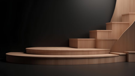 Wooden podium on black background. 3d render. Abstract background.の素材