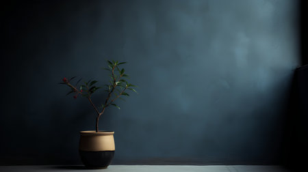 Decorative plant in a pot on a dark blue wall background.の素材