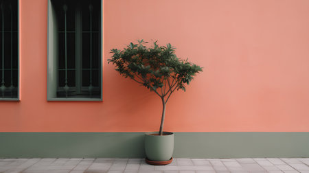 3d render of a green plant in a pot on an orange wallの素材