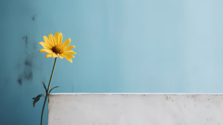 yellow daisy flower on blue wall background with copy space for textの素材