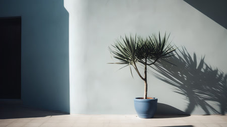 Green palm tree in a blue pot on a white wall with shadow.の素材